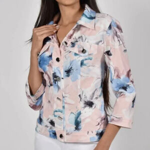 Frank Lyman Jacket Pink Blue Floral Stretch NEW $330 Size 12 Medium Lightweight